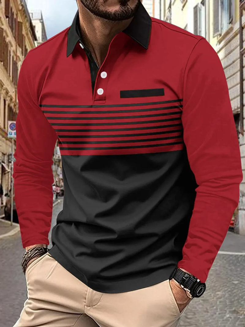 Men's Full Size Collared Neck Long Sleeve Striped Polo Plus Size 4