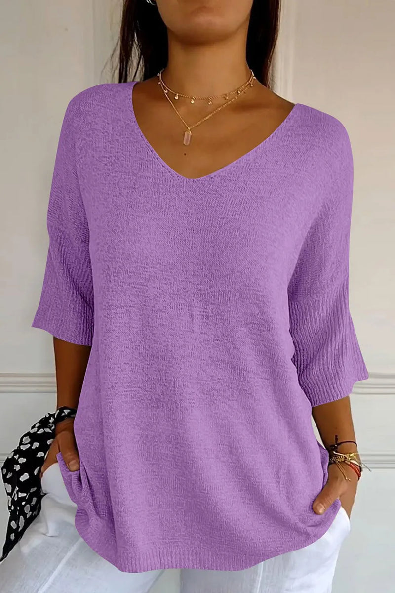 V-Neck Three-Quarter Sleeve Knit Top | Hazel & June Lavender