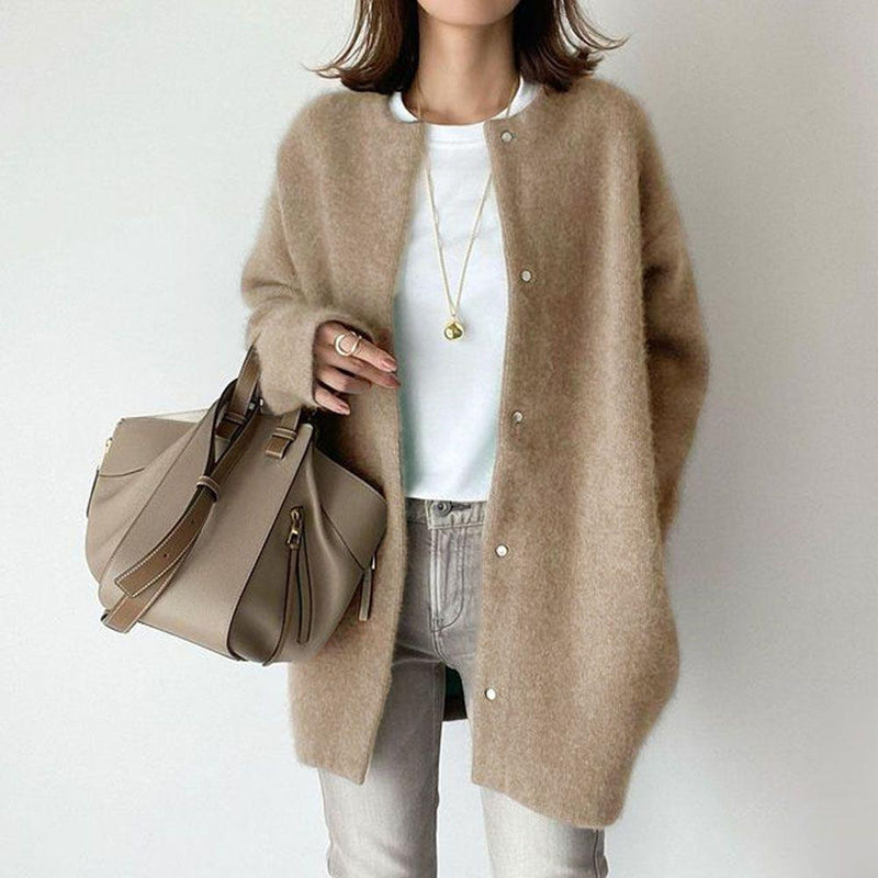 Clara Soft Knit Cardigan — Khaki Knitted Material