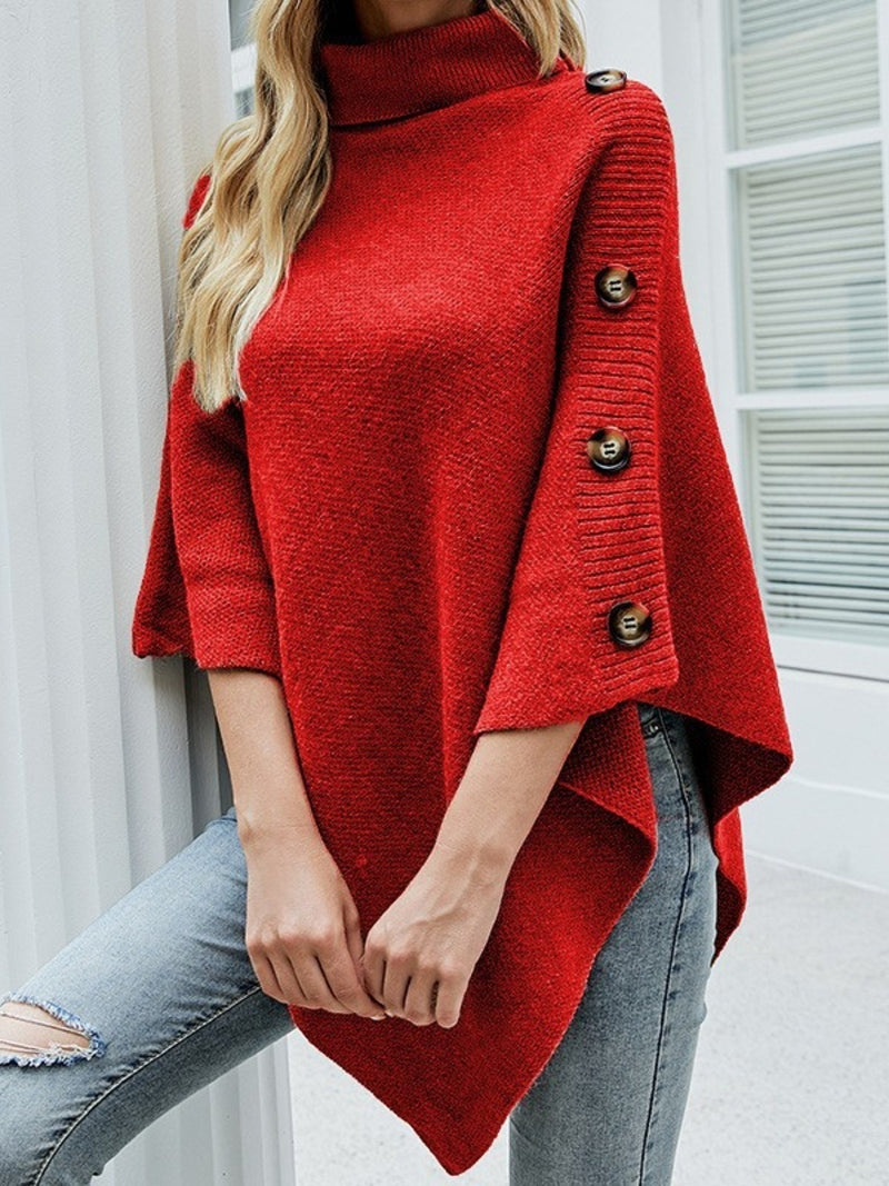 Button-Decor Turtleneck Poncho Pullover | Hazel & June Red
