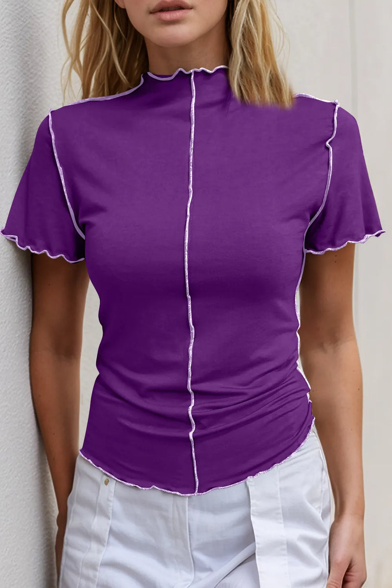 Basic Bae Contrast Trim Mock Neck Short Sleeve T-Shirt | Hazel & June Purple