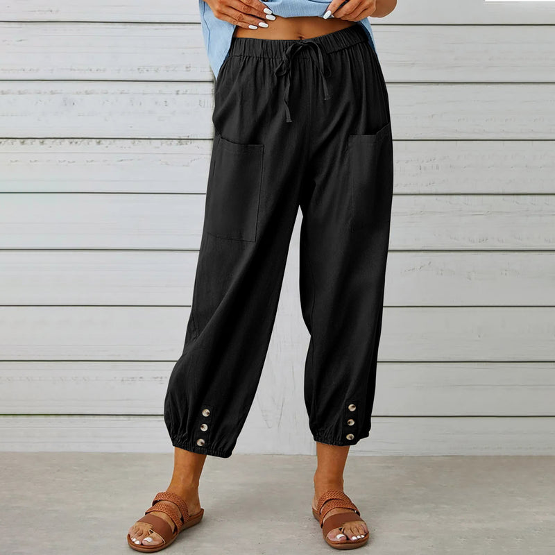 Isla Drawstring Linen-Look Pants — Black