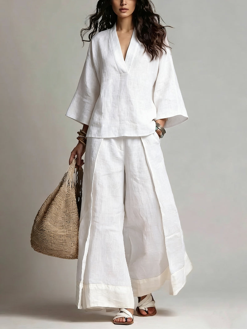 Côte Contrast-Hem Linen Co-ord Set — White