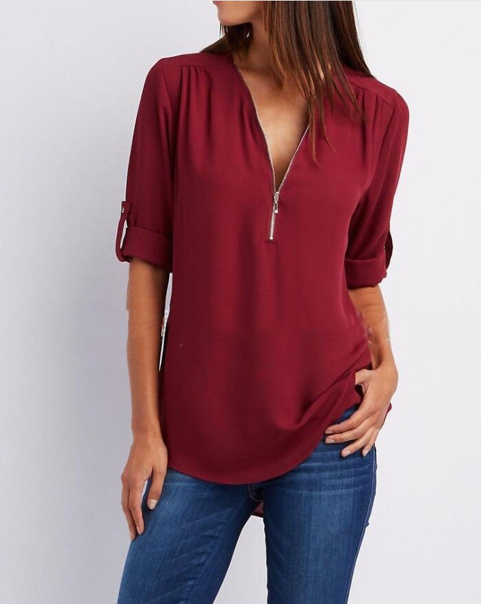 Harlow Zip V-Neck Top — Claret
