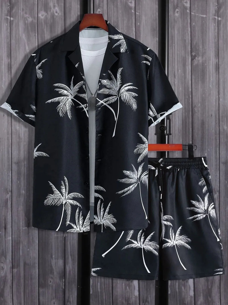 Men's Full Size Palm Print Button Up Shirt and Shorts Set Plus Size 1