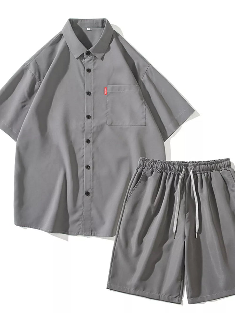 Men's Plus Size Casual Solid Color Shirt & Shorts Set 1