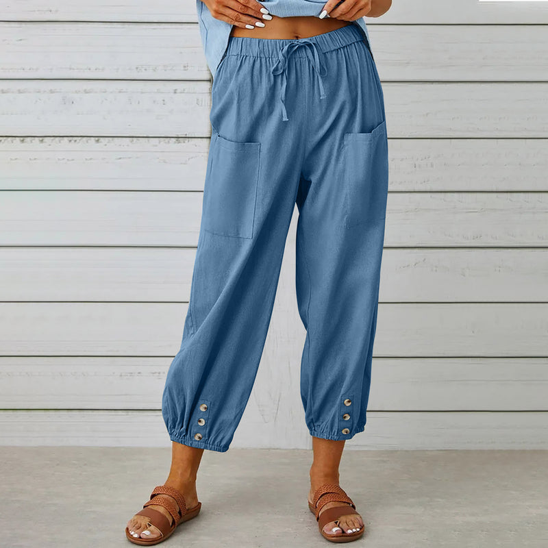 Isla Drawstring Linen-Look Pants — Denim Blue