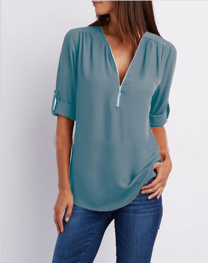 Harlow Zip V-Neck Top — Deep blue