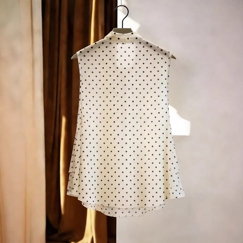 Cream Polka-Dot Bow Chiffon Blouse