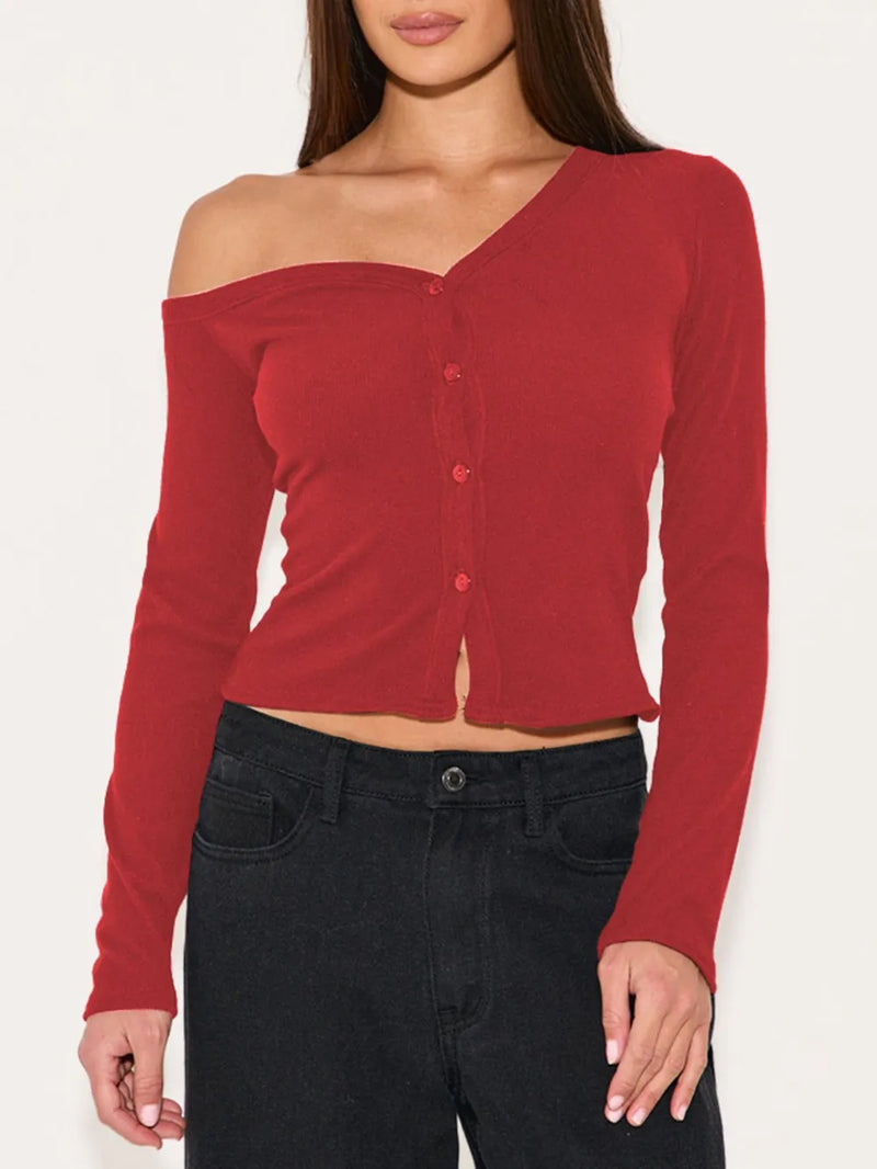 Asymmetrical Neck Button Up Cardigan | Hazel & June Scarlet