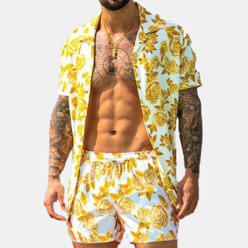 Men's Full Size Button Up Shirt And Shorts Set Plus Size 1
