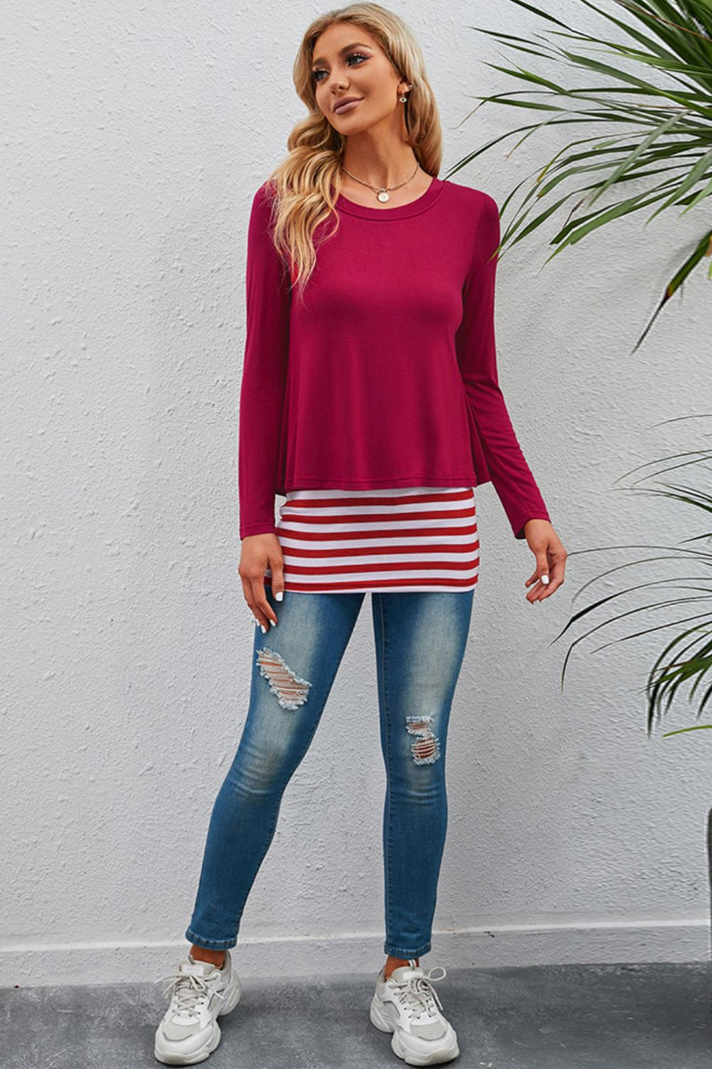 Full Size Striped Faux Layered Long Sleeve Top | Hazel & June