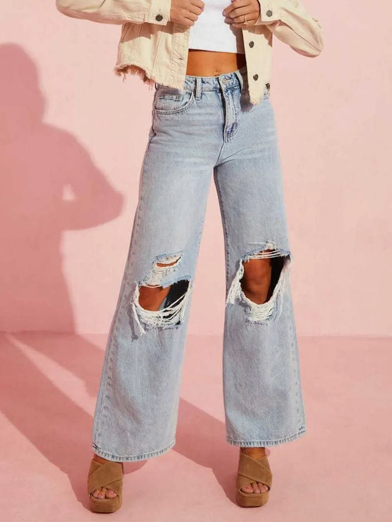 Distressed Wide Leg Jeans with Pockets 4