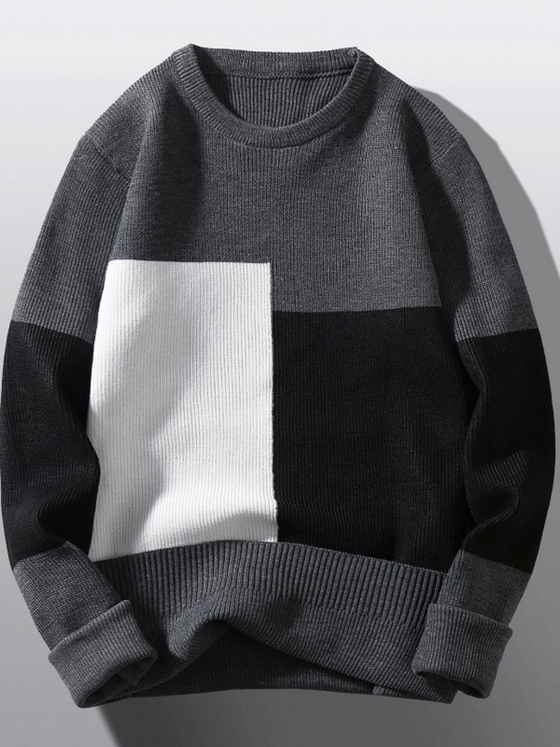 Men's Plus Size Color Block Round Neck Sweater Dark Gray