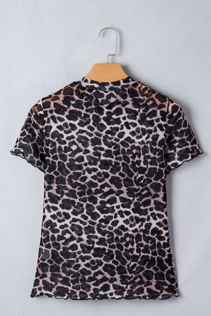 Leopard Print Sheer Mesh Short Sleeve Top 3