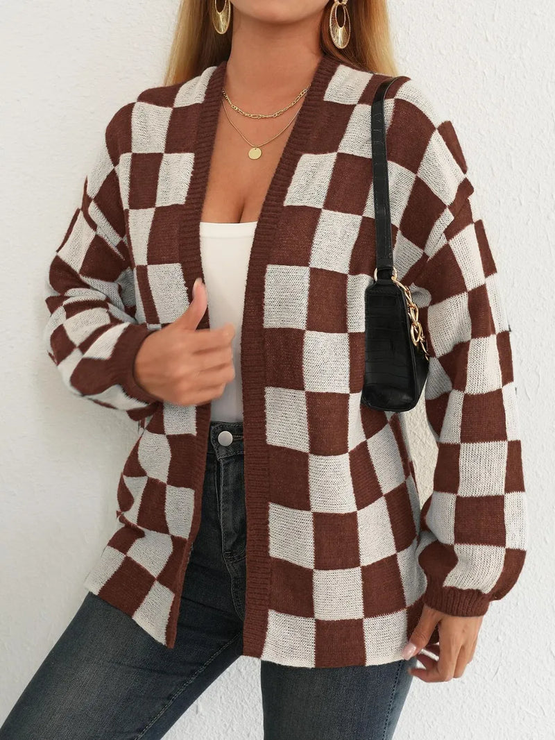 Checkered Open Front Long Sleeve Cardigan 7