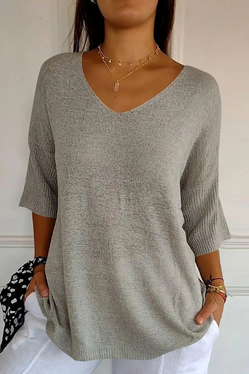 V-Neck Three-Quarter Sleeve Knit Top | Hazel & June Gray