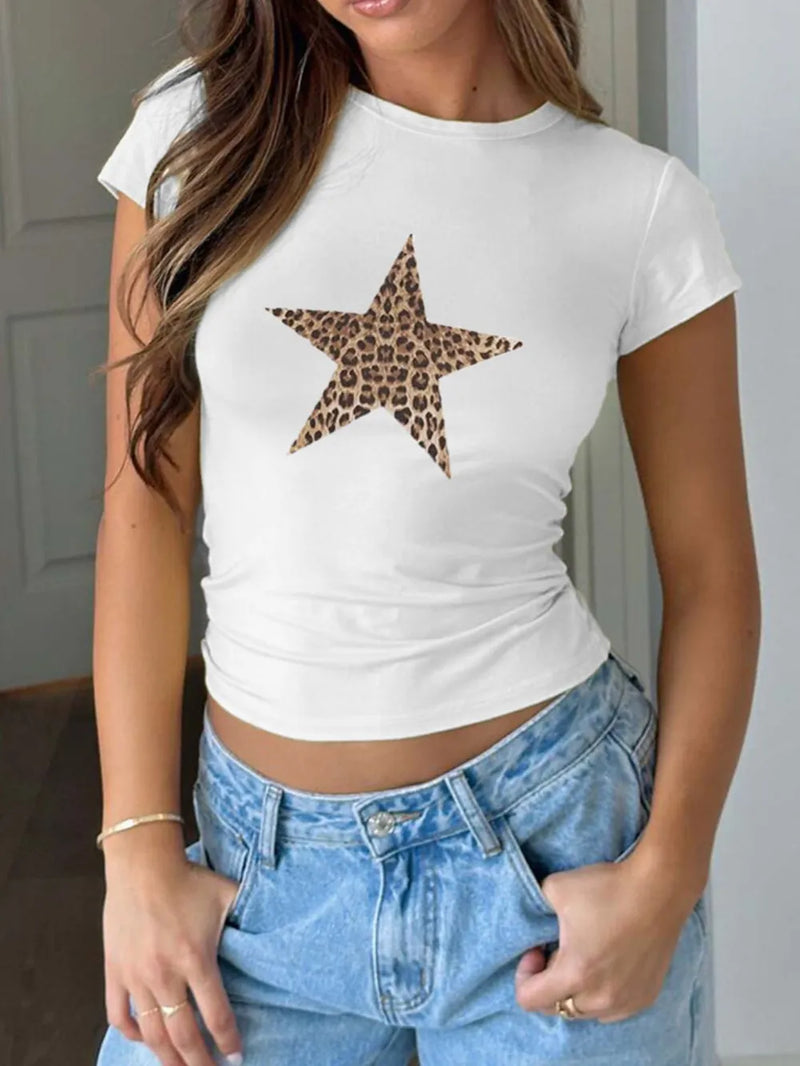 Devine Star Round Neck Short Sleeve T-Shirt | Hazel & June White