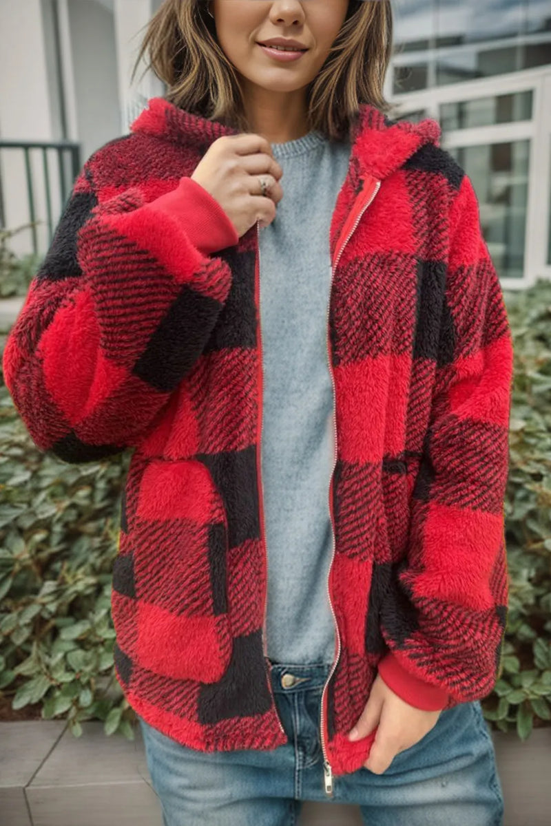 Double Take Full Size Plaid Long Sleeve Hooded Coat 1