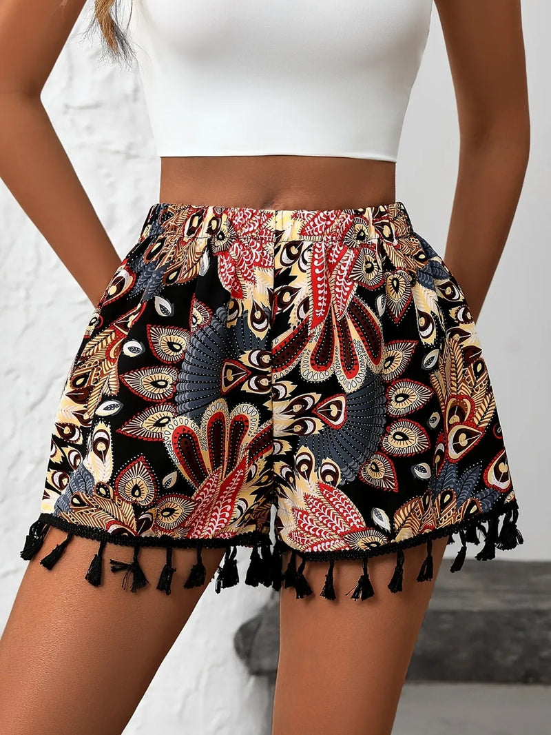 Paisley Print Tassel Hem Shorts 5