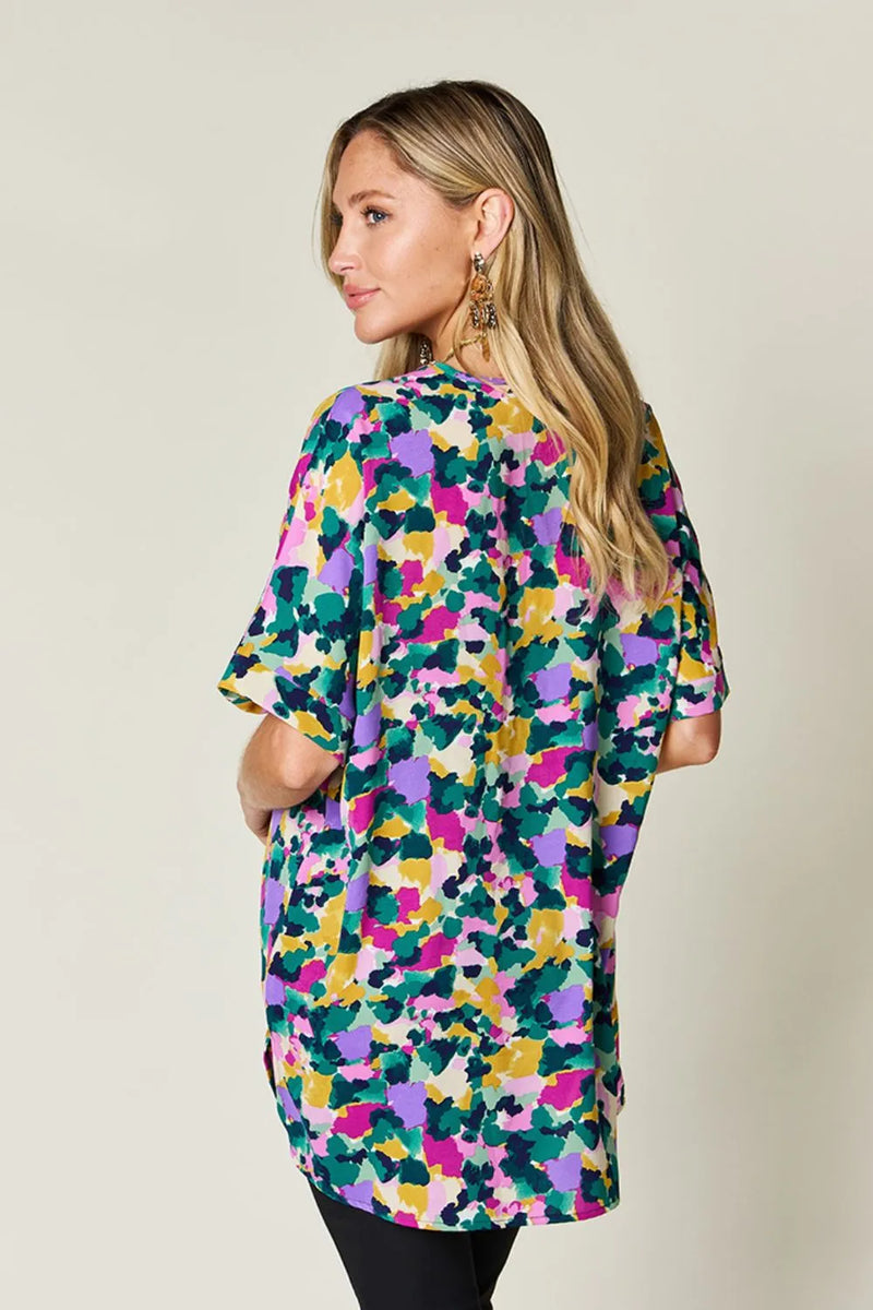 Double Take Full Size Printed V-Neck Short Sleeve Side Slit Top 2