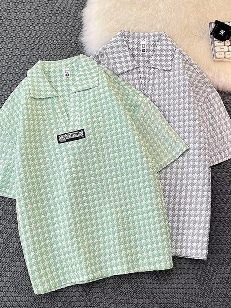 Men's Plus Size Houndstooth Pattern Short Sleeve Polo Shirt Green
