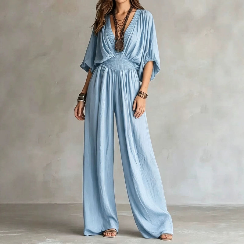 Indigo Batwing Wide-Leg Jumpsuit — Light Blue
