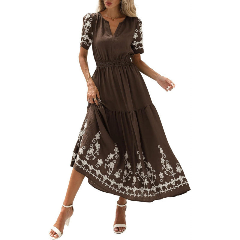 Wildflower Embroidered Midi Dress — Coffee Brown