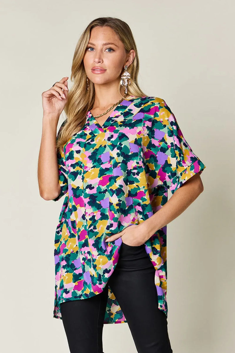 Double Take Full Size Printed V-Neck Short Sleeve Side Slit Top 1