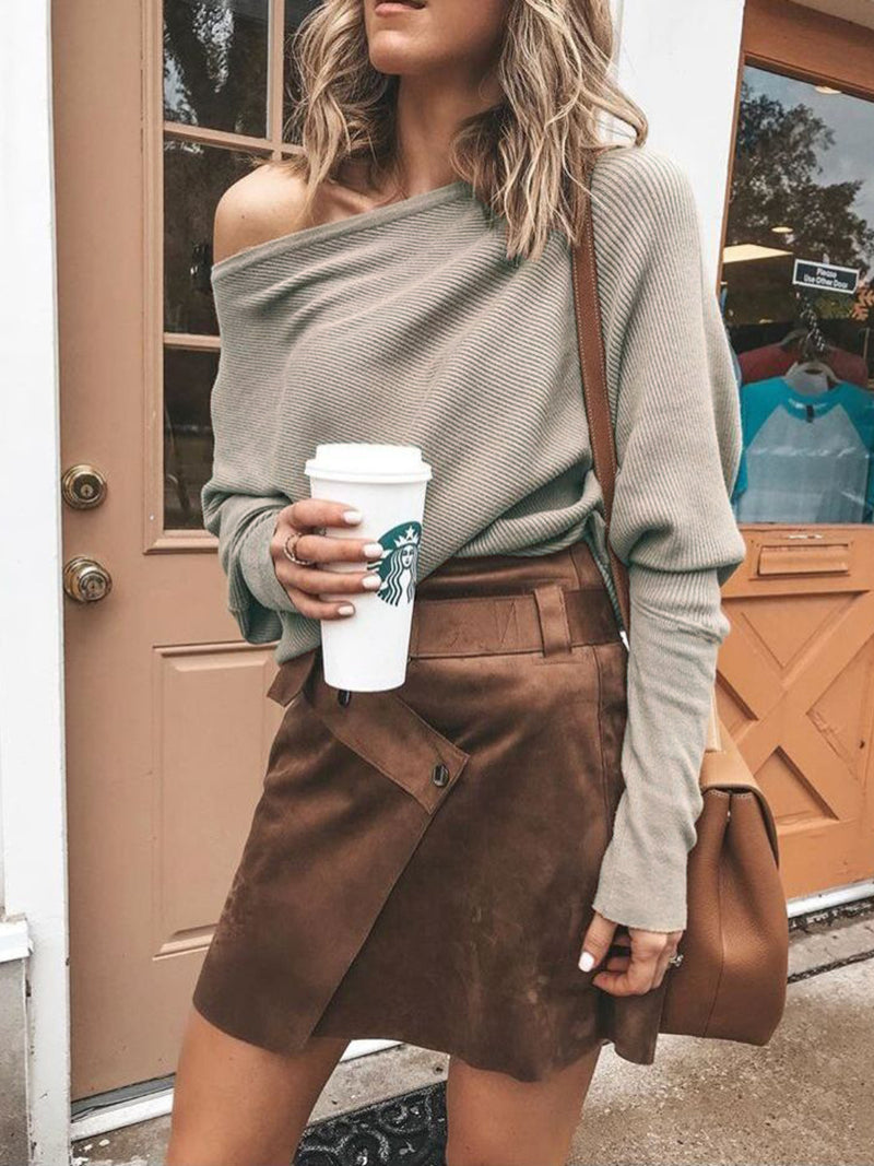 Full Size One-Shoulder Ribbed Sweater Plus Size | Hazel & June Khaki