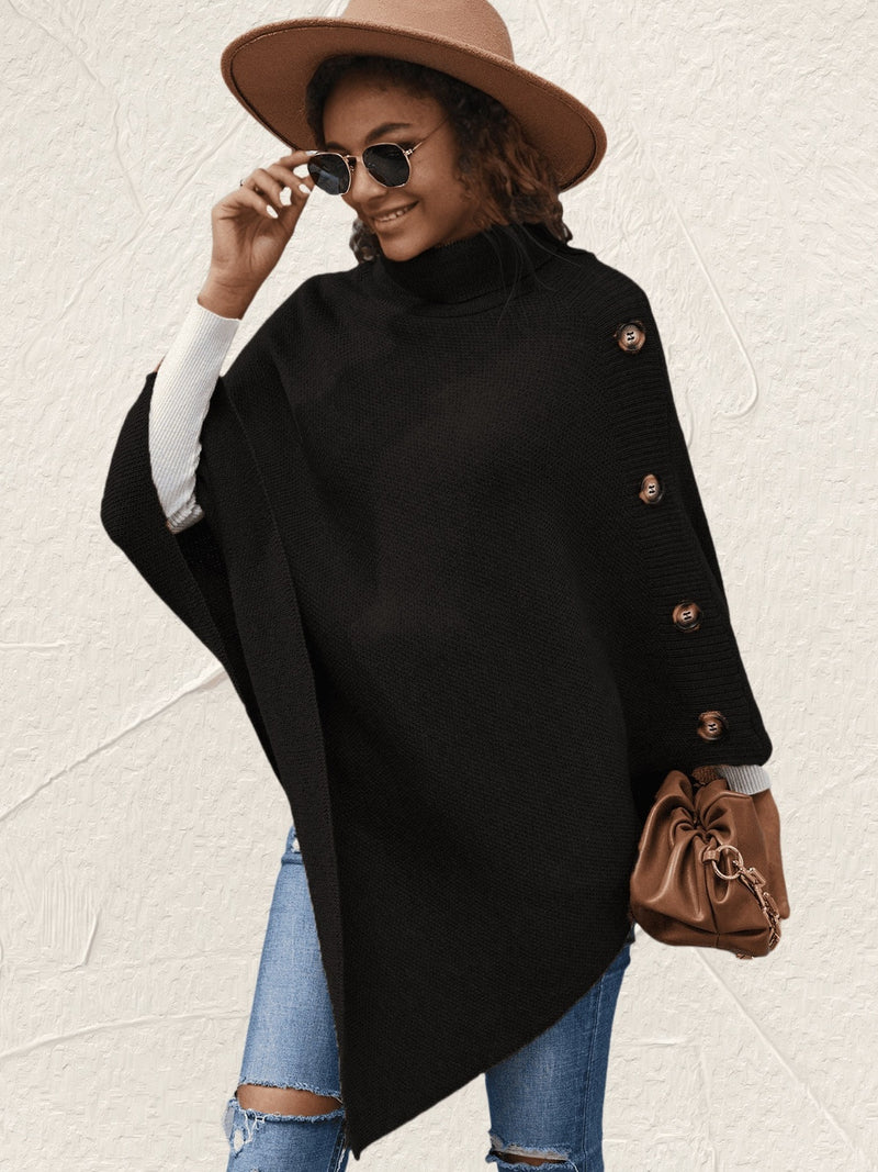 Button-Decor Turtleneck Poncho Pullover | Hazel & June Black
