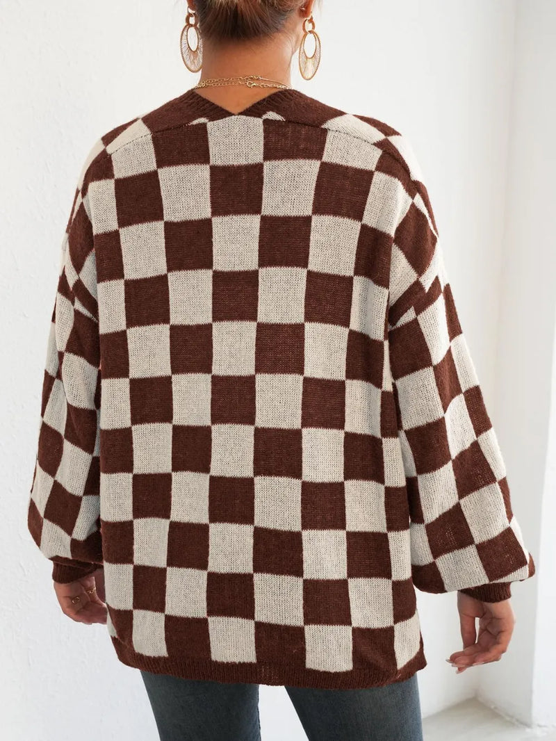 Checkered Open Front Long Sleeve Cardigan 8