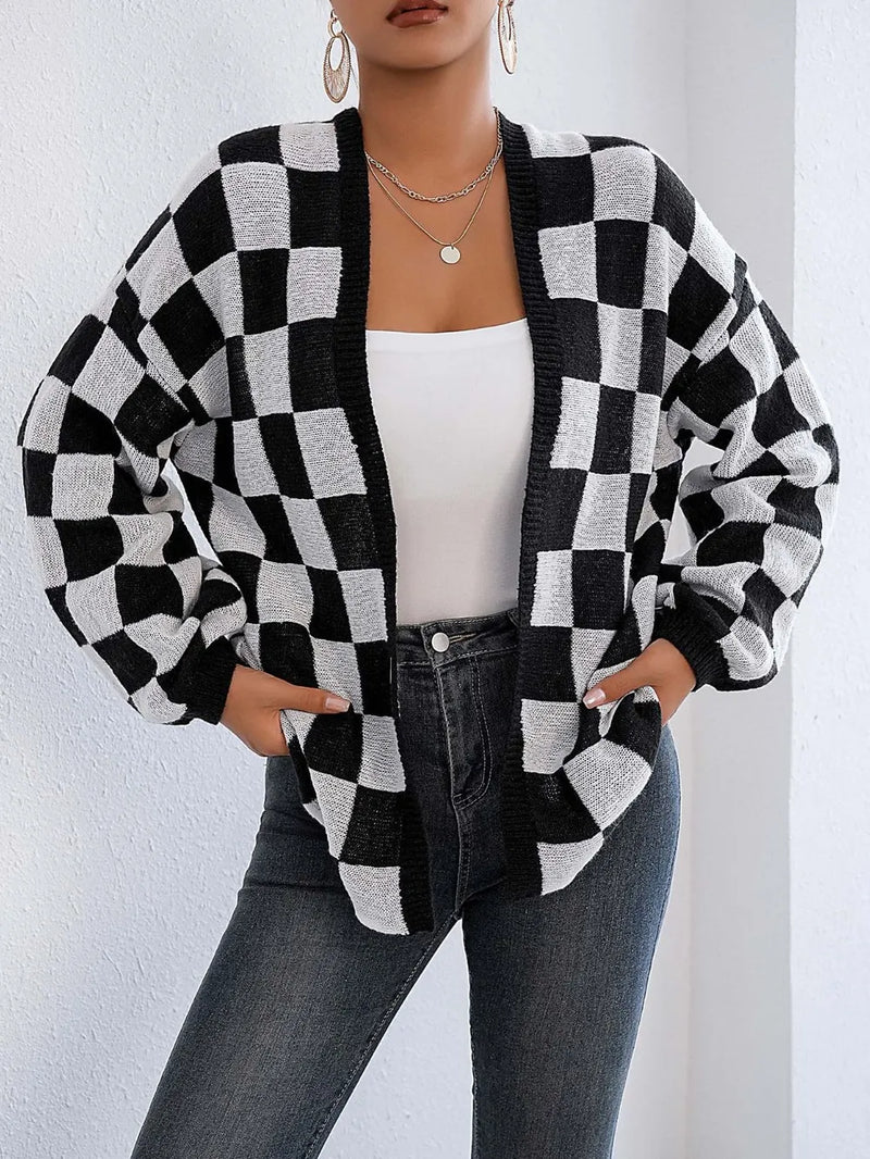 Checkered Open Front Long Sleeve Cardigan 3