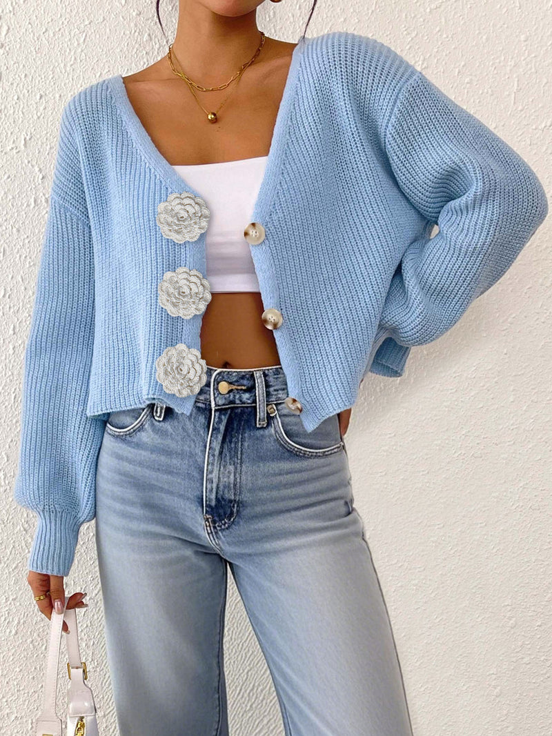 Faye Camellia-Button Knit Sweater — Sky Blue