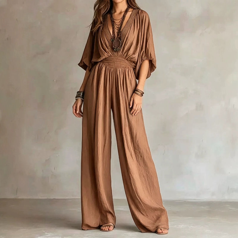 Indigo Batwing Wide-Leg Jumpsuit — Khaki