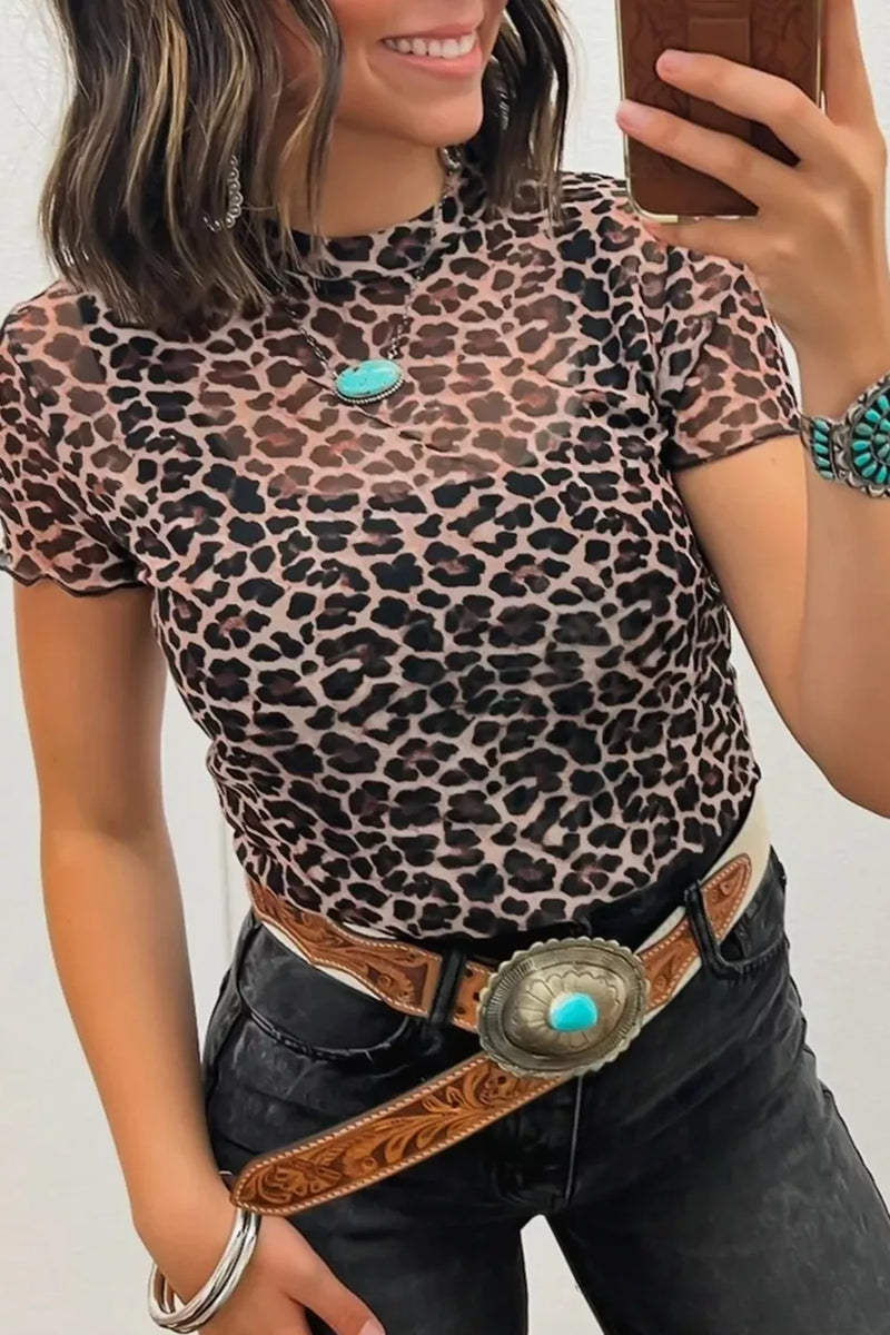 Leopard Print Sheer Mesh Short Sleeve Top 1