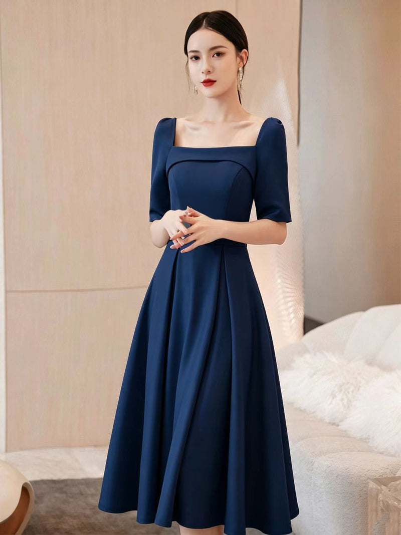 Oliva Square-Neck A-Line Midi Dress — Navy Blue