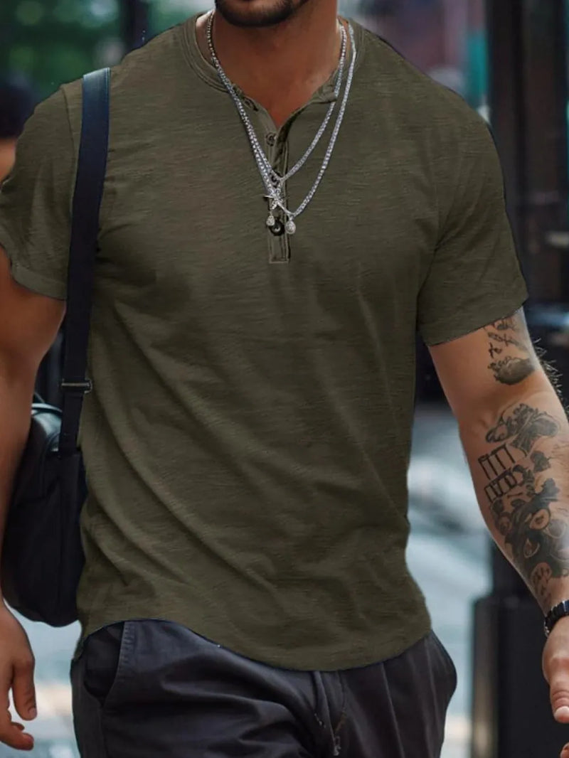 Men's Full Size Button Henley Collar Polo Shirt Plus Size | Hazel & June Army Green