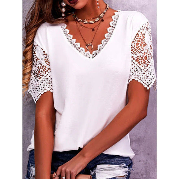 Lena Lace Sleeve V-Neck Top in White