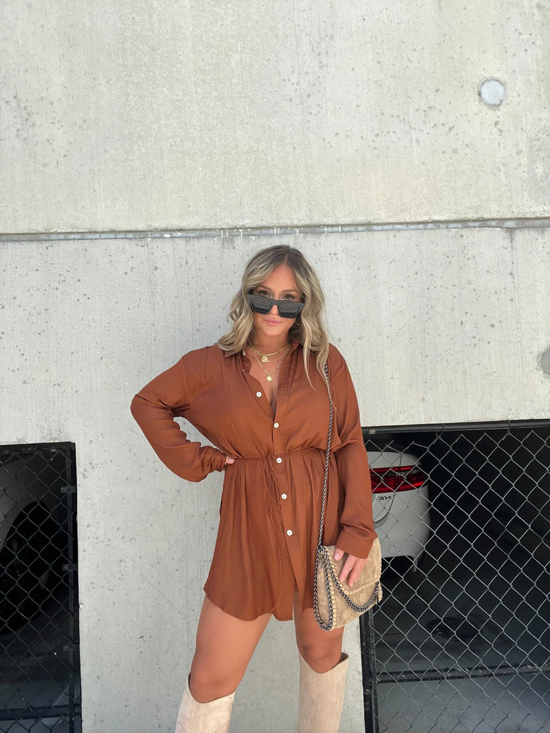 Arden Button Shirt Jumpsuit — Rust
