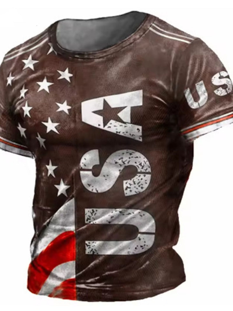 Men's Full Size USA Flag Print T-Shirt Plus Size Brown