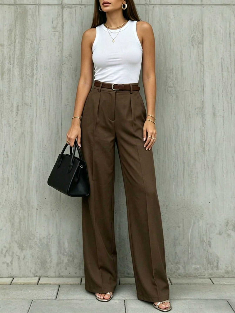 Margot Pleated Wide-Leg Trousers — Coffee Brown