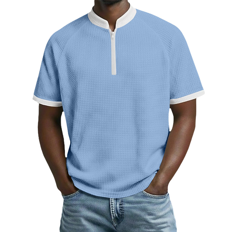 Contrast Stand-Collar Tee — Sky Blue