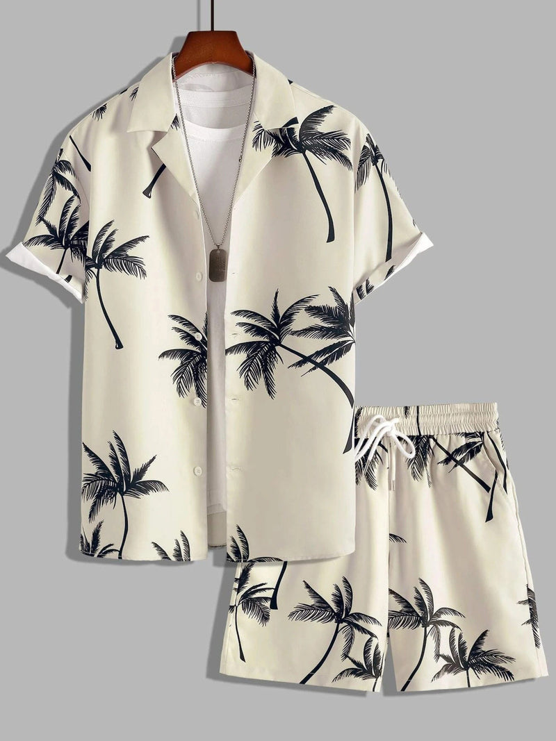 Men's Full Size Palm Print Button Up Shirt and Shorts Set Plus Size | Hazel & June Beige
