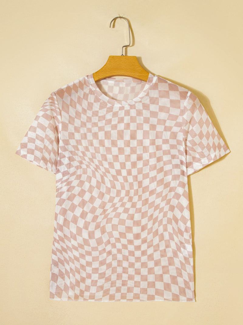 heckered Print Crew Neck Mesh T Shirt 6