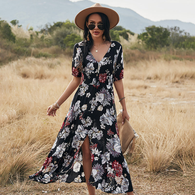 Sienna Floral Midi Dress — Black