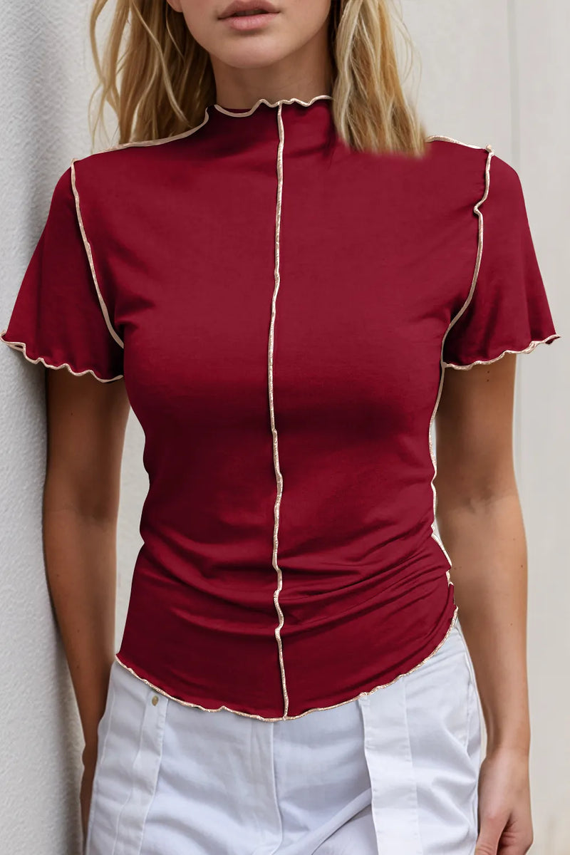 Basic Bae Contrast Trim Mock Neck Short Sleeve T-Shirt | Hazel & June Deep Red