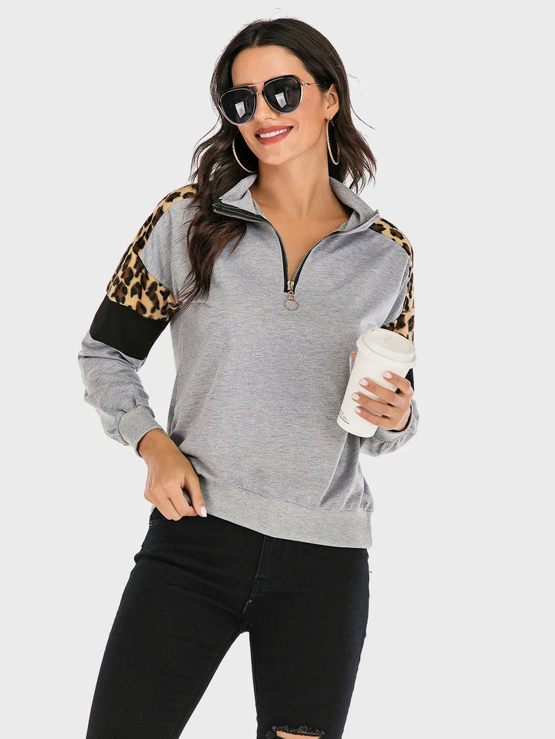 Perfee Contrast Leopard Half Zip Long Sleeve Sweatshirt 3