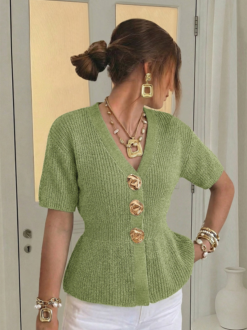 Beige Gold-Button Knit Vest — Green
