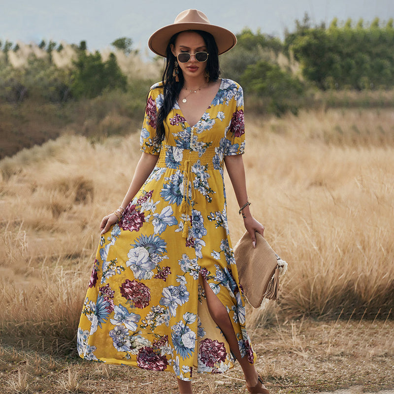 Sienna Floral Midi Dress in Yellow